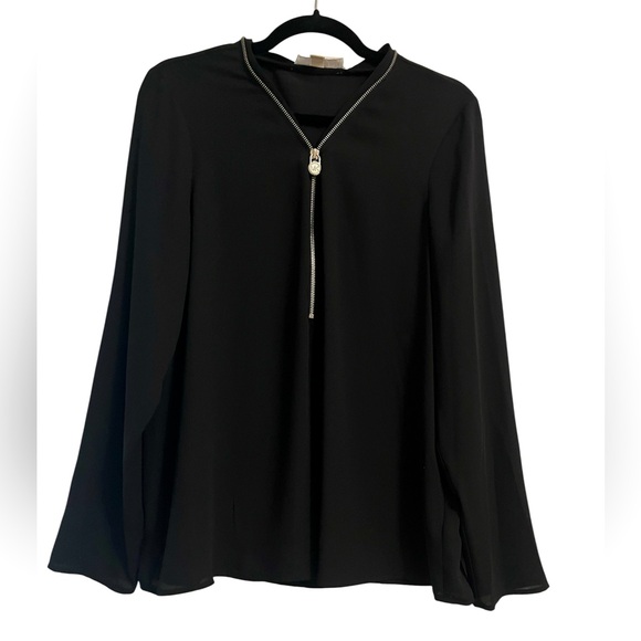 Michael Kors Zipper Detail Lightweight Sheer Black Long Sleeve Blouse Shirt - Picture 1 of 9